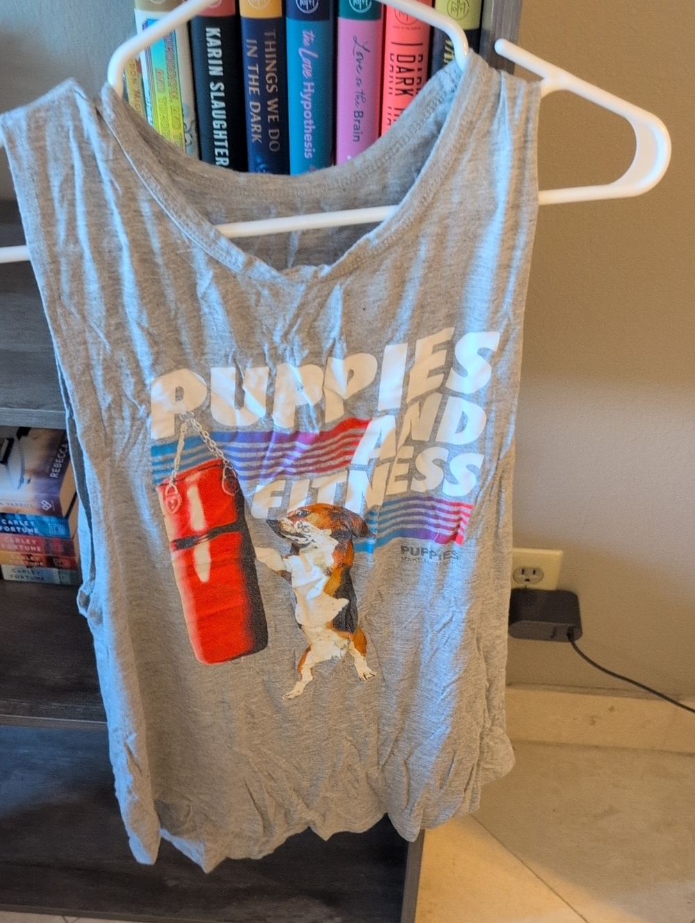 Puppies and Fitness Gray Muscle Tee with Red Graphic